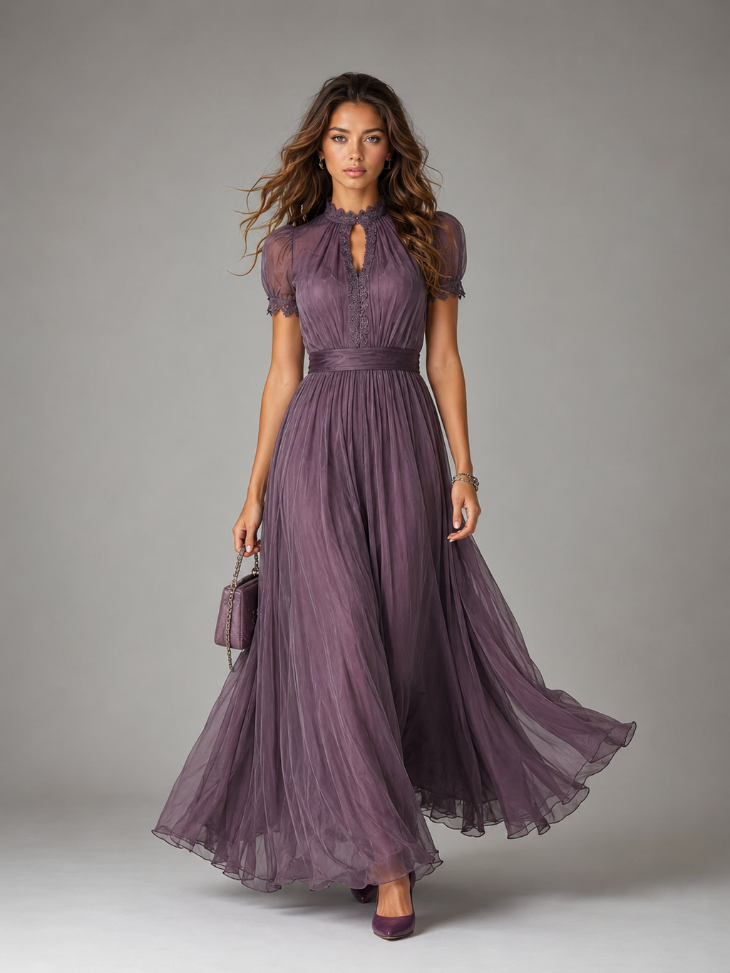שמלת מקסי שיפון עם תחרה ומחשוף מפתח בצבע Purple – SHIONNA