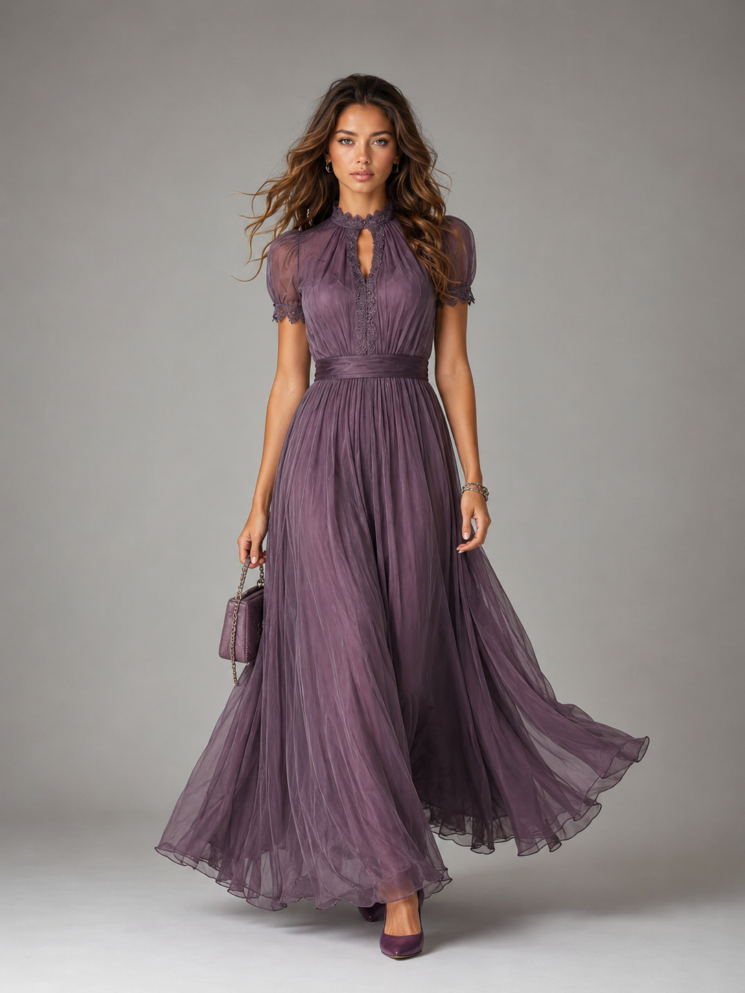 שמלת מקסי שיפון עם תחרה ומחשוף מפתח בצבע Purple – SHIONNA