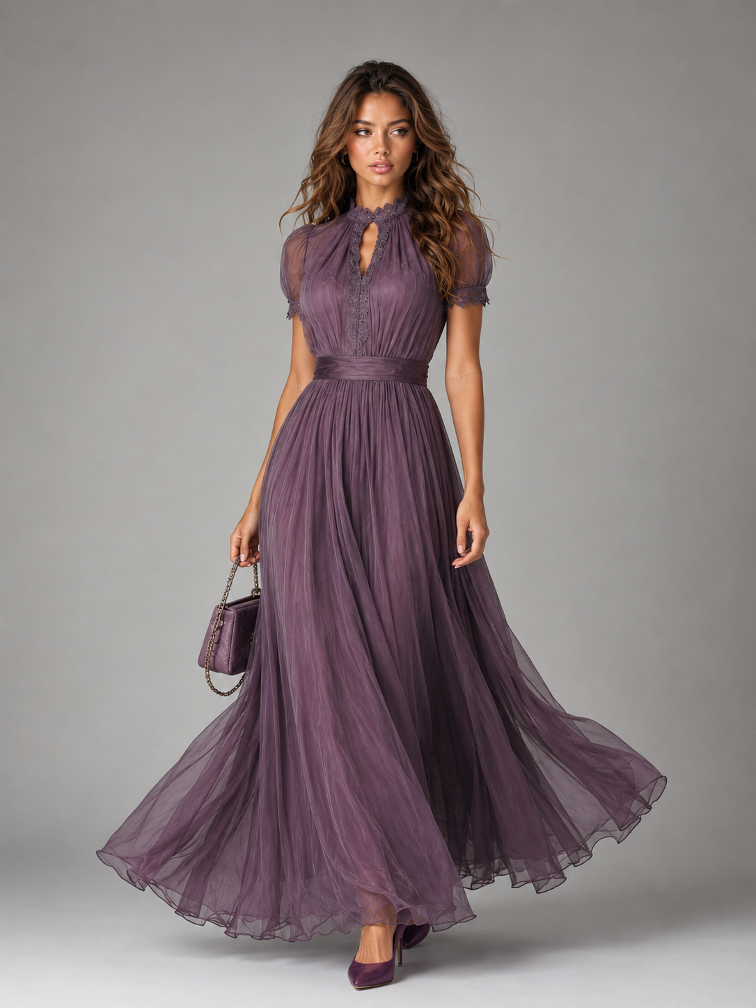 שמלת מקסי שיפון עם תחרה ומחשוף מפתח בצבע Purple – SHIONNA