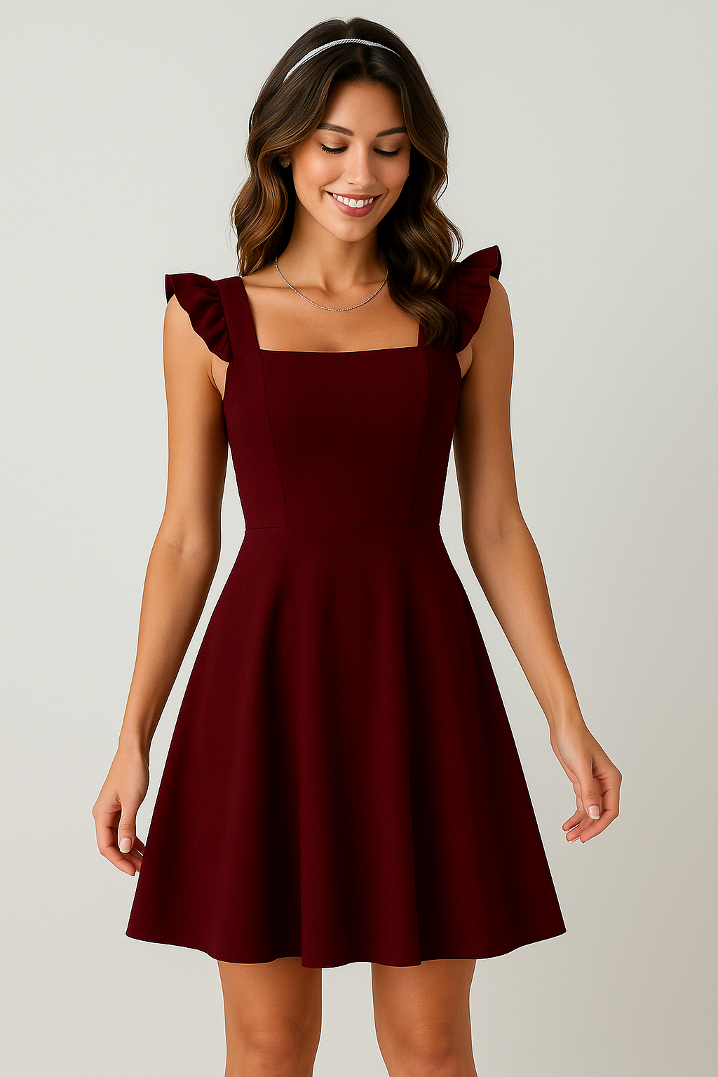 שמלת מיני לנשים עם כתפיות קפלים בצבע Claret – SHIONNA