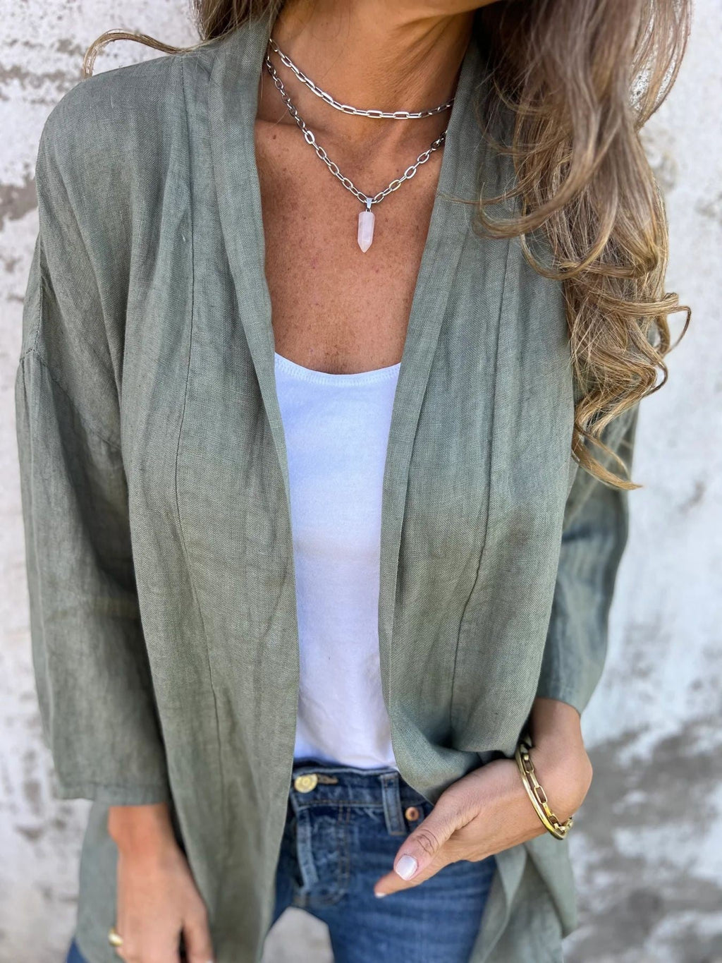 קרדיגן קל פתוח קדמי שלושה רבעים לאישה בצבע Green – SHIONNA