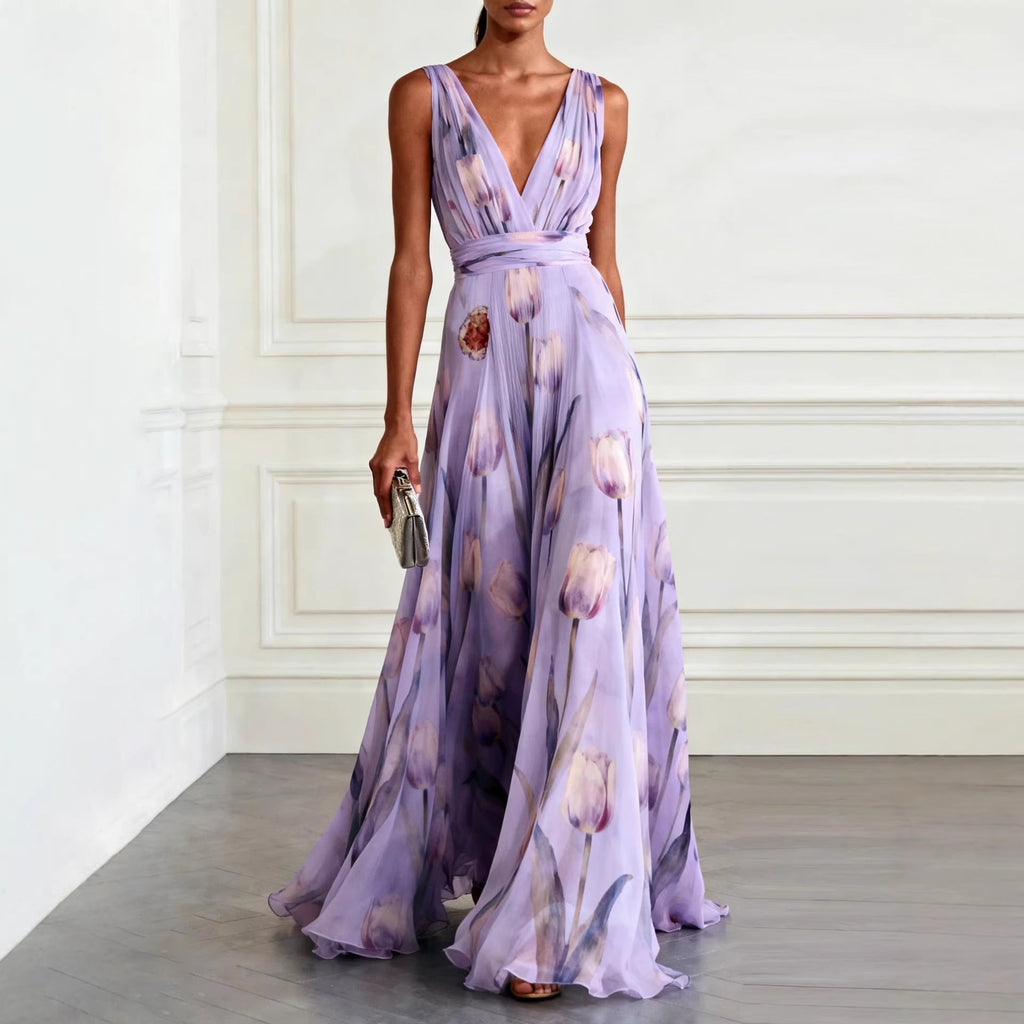 שמלת מקסי עטיפה פרחונית עם מחשוף V זורמת בצבע Purple – SHIONNA
