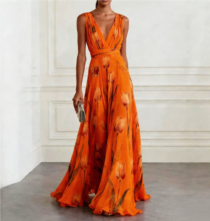 שמלת מקסי עטיפה פרחונית עם מחשוף V זורמת בצבע Orange – SHIONNA
